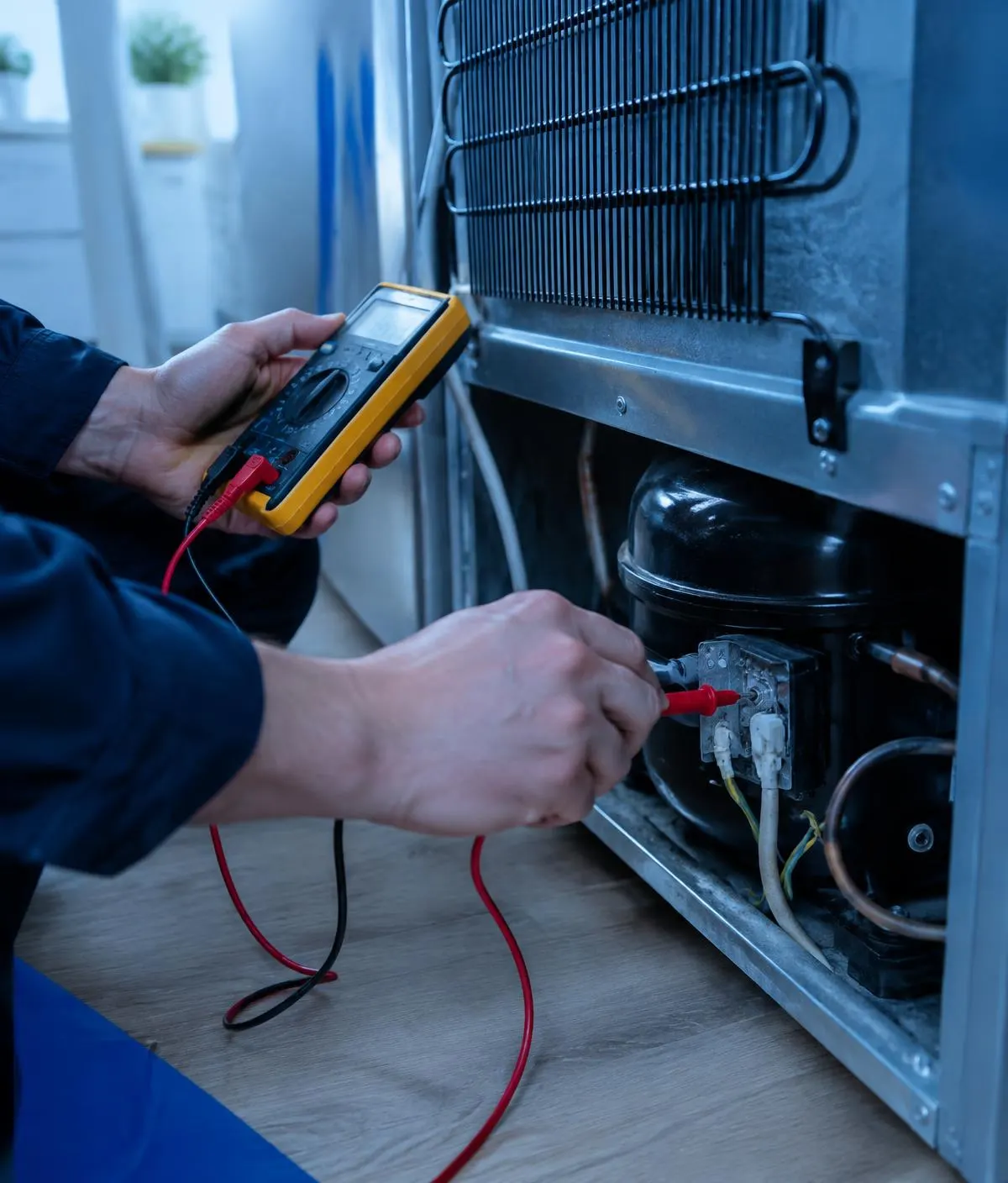Técnico realizando diagnóstico em refrigerador com multímetro
