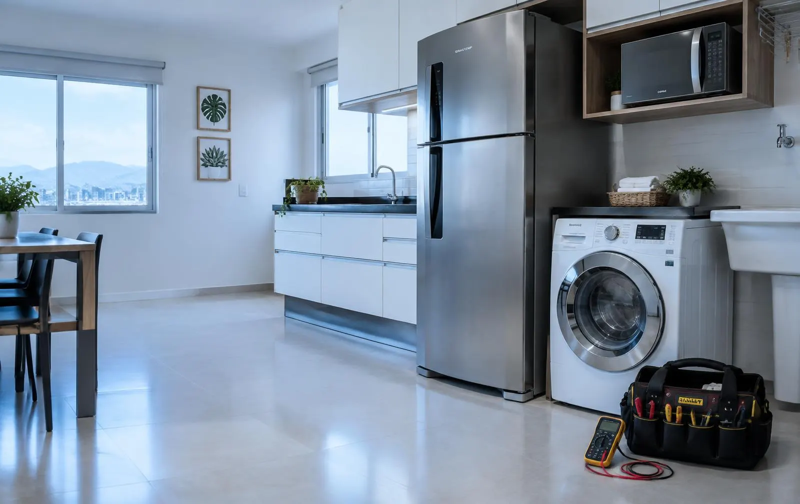 Refrigerador, lavadora e micro-ondas em residência com ferramentas de assistência técnica